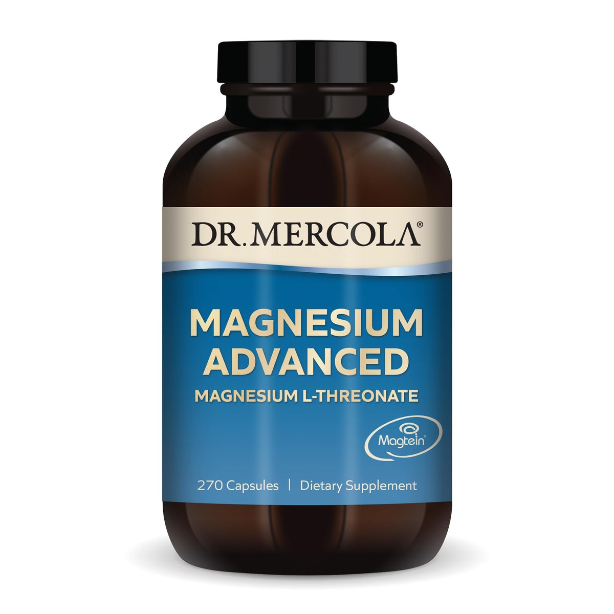 Dr. Mercola Magnesium Advanced, cápsulas en botella, posible apoyo a huesos, articulaciones y cerebro.