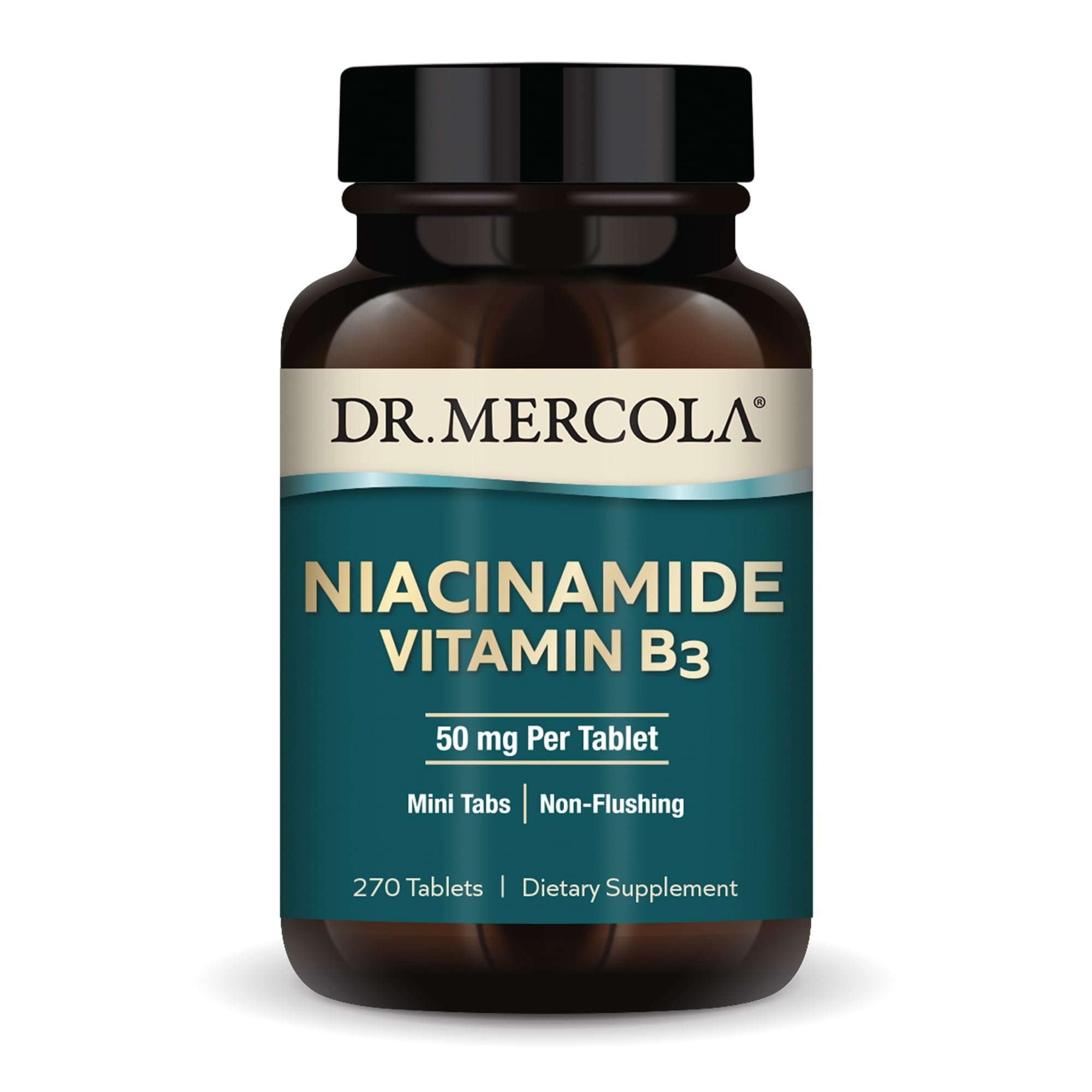 Tabletas mini de Dr. Mercola Niacinamide en botella, fáciles de dosificar.