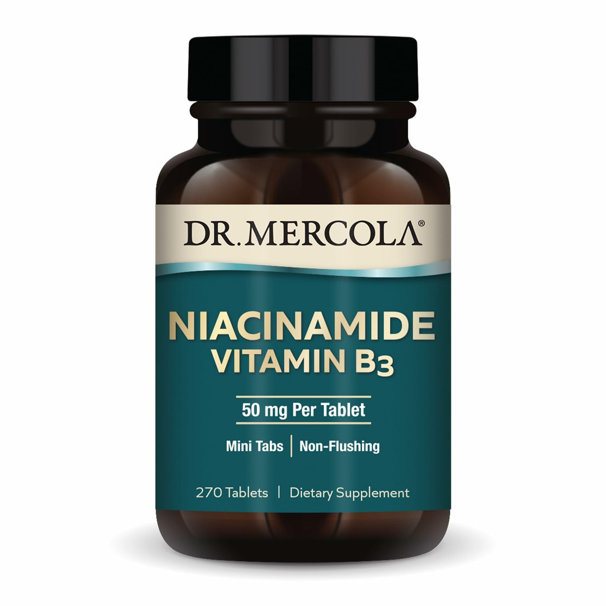 Tabletas mini de Dr. Mercola Niacinamide en botella, fáciles de dosificar.