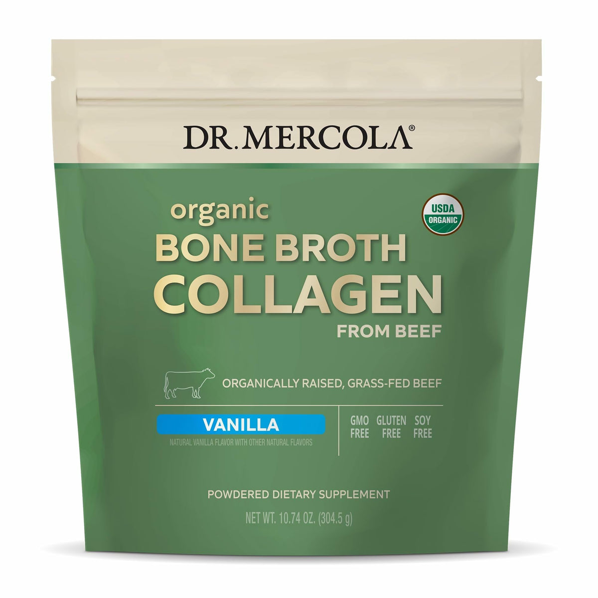 Dr. Mercola Polvo de colágeno para caldo de hueso orgánico, sabor vainilla, potenciando nutrición diaria.
