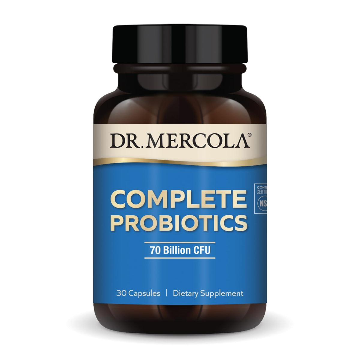 Dr. Mercola Probioticos Completos 70mil-millones CFU, envase visible para uso diario.