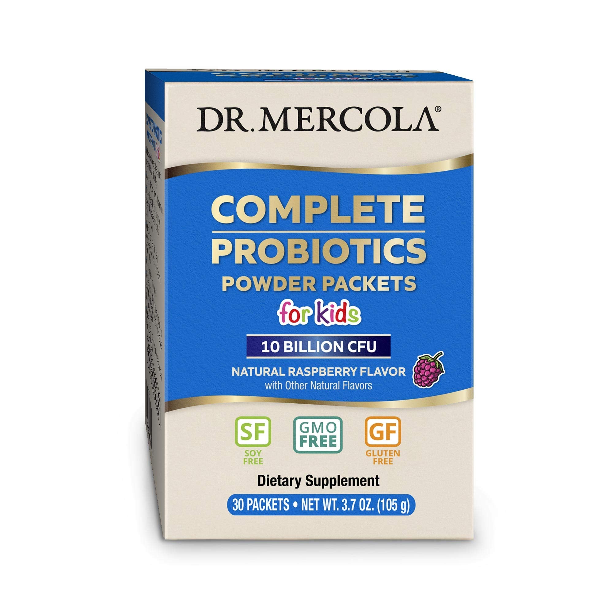 Dr. Mercola Probióticos para niños, empaque visible, apoyo digestivo diario.