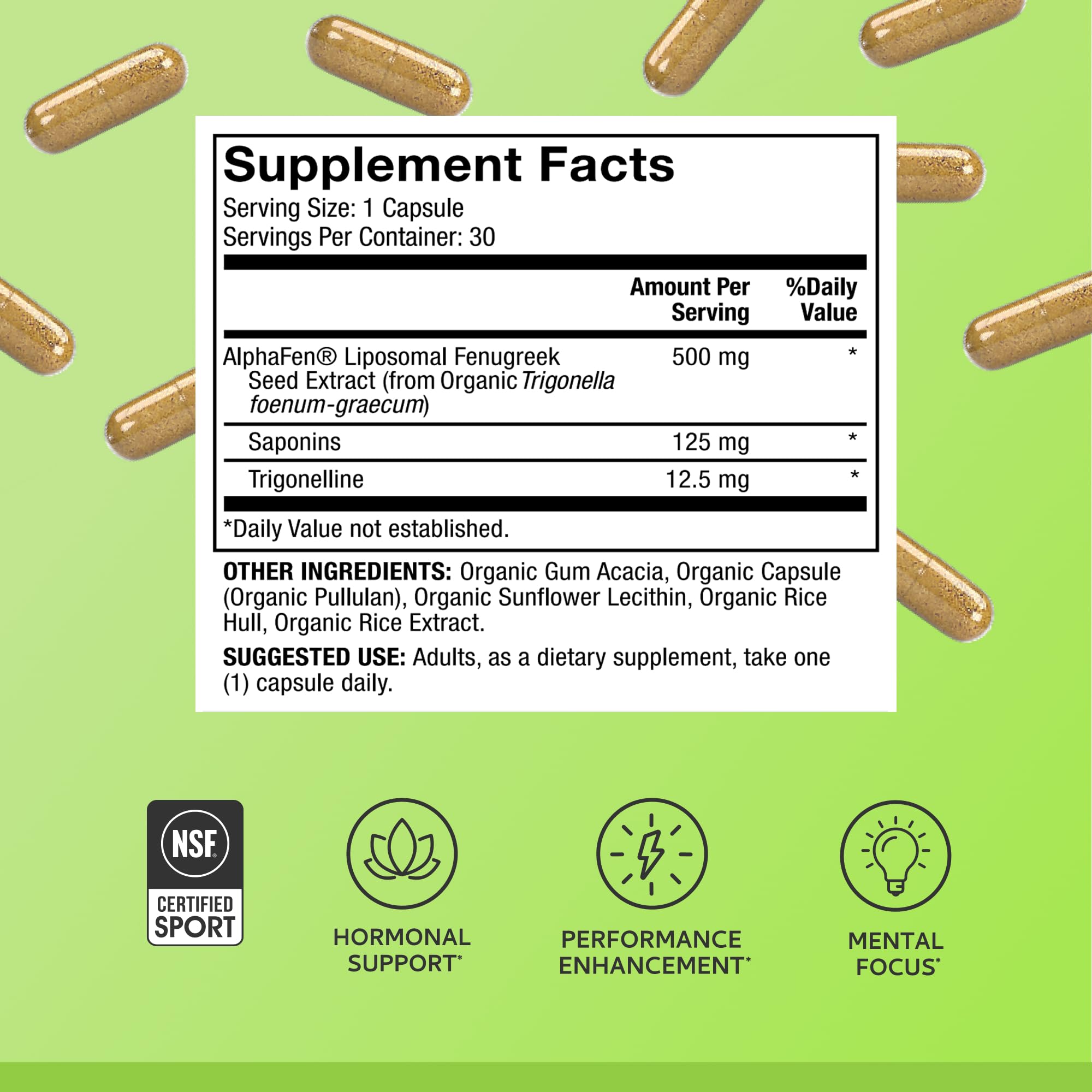 Dr. Mercola Pure Power Fenogreco etiqueta: certificación NSF para deporte.