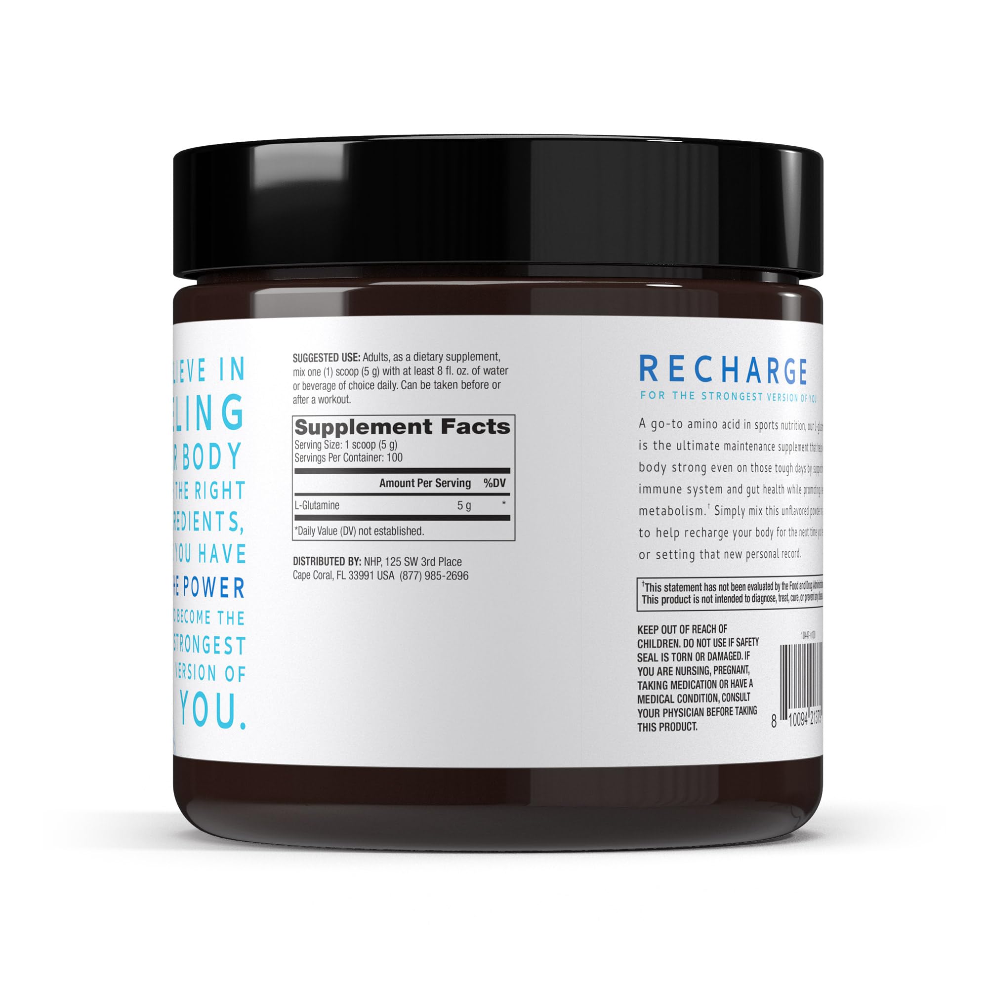 Dr. Mercola Pure Power L-Glutamina, vista lateral del envase y etiqueta.
