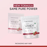 Dr. Mercola Pure Power Organic Whey, etiqueta nutricional clara, opción sin gluten y sin soja.