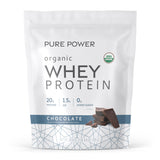 Dr. Mercola Pure Power Whey Protein, bote chocolate, ideal para recuperación muscular.