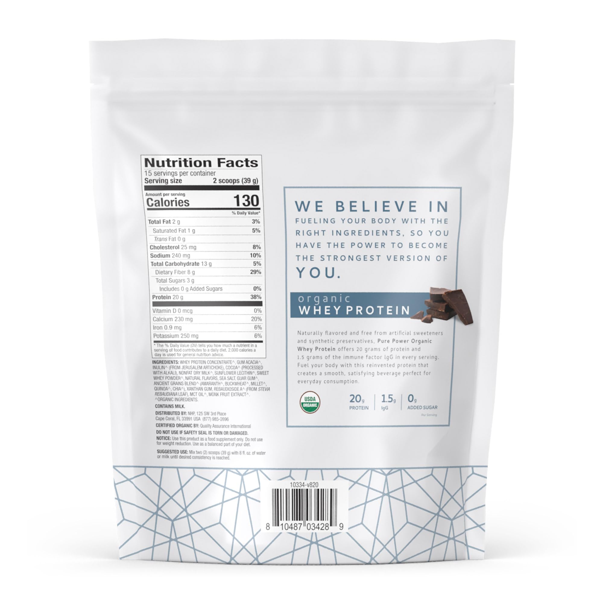 Dr. Mercola Pure Power Whey Protein, etiqueta nutricional clara para elegir.