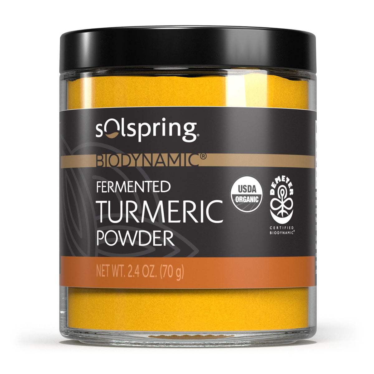 Dr. Mercola Solspring curcuma fermentada en botella, posible apoyo al bienestar diario.