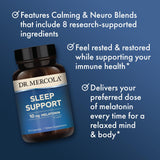 Empaque de Dr. Mercola Sleep Support informa sobre calidad y seguridad de la fórmula.