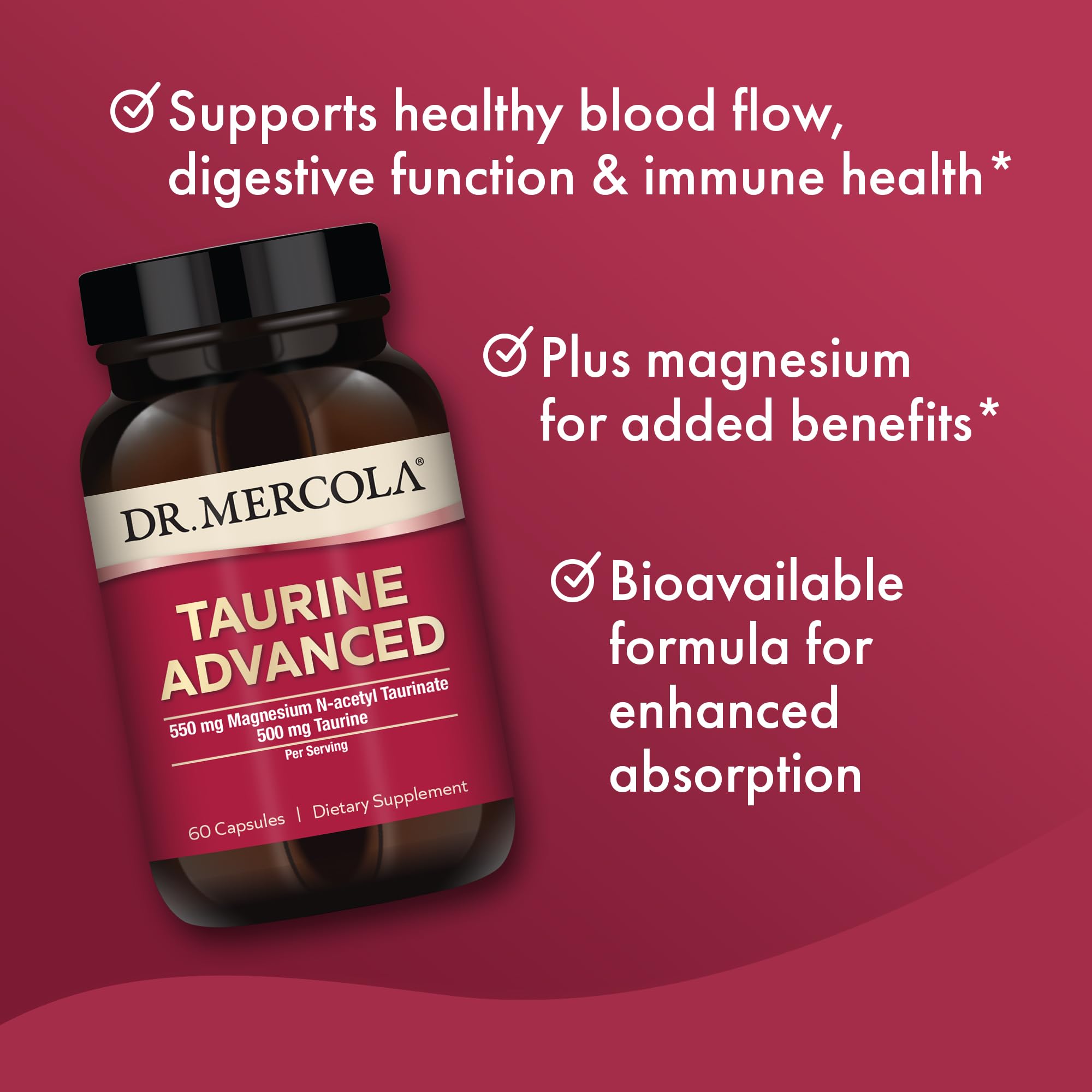 Dr. Mercola Taurina Avanzada, lista de ingredientes clara y de alta pureza.