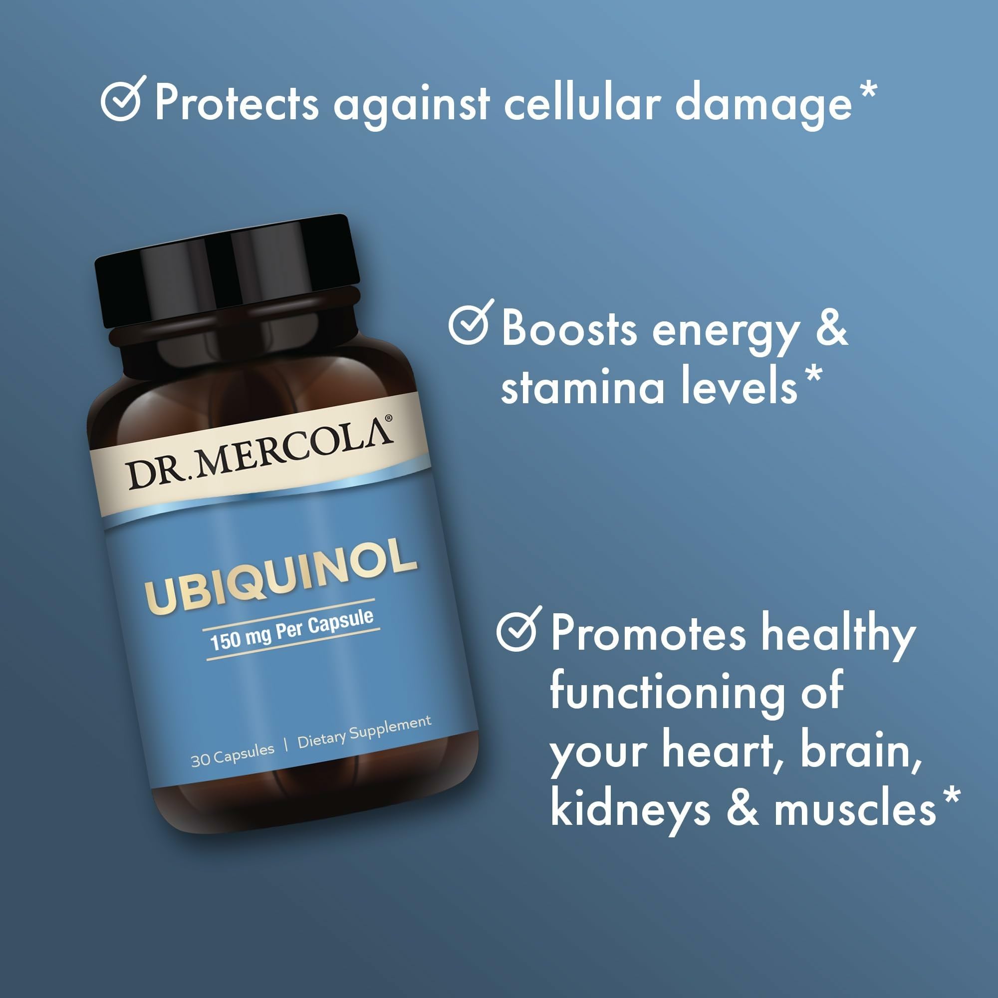 Dr. Mercola Ubiquinol 150 mg etiqueta-detalle: diseño legible con datos clave.