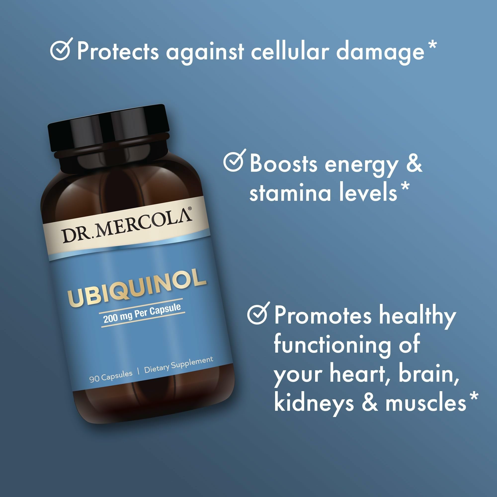 Frasco de Dr. Mercola Ubiquinol 200 mg con tapa segura y frescura