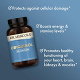 Frasco de Dr. Mercola Ubiquinol 200 mg con tapa segura y frescura