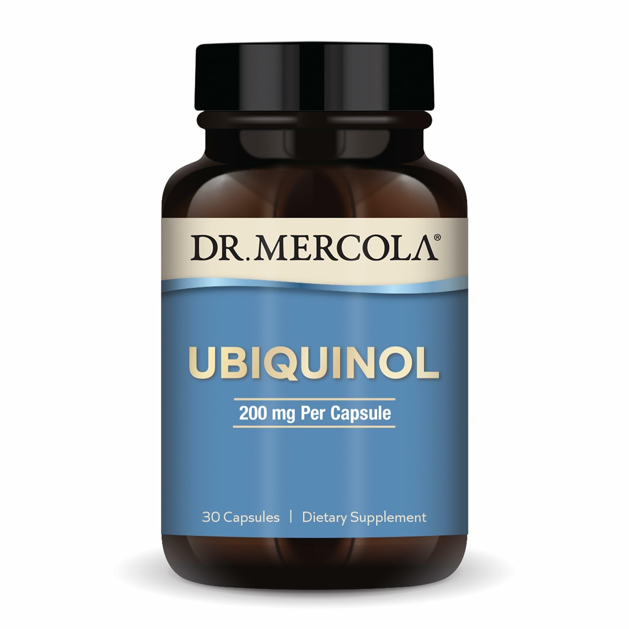 Dr. Mercola Ubiquinol: botella con cápsulas para energía diaria y antioxidante.