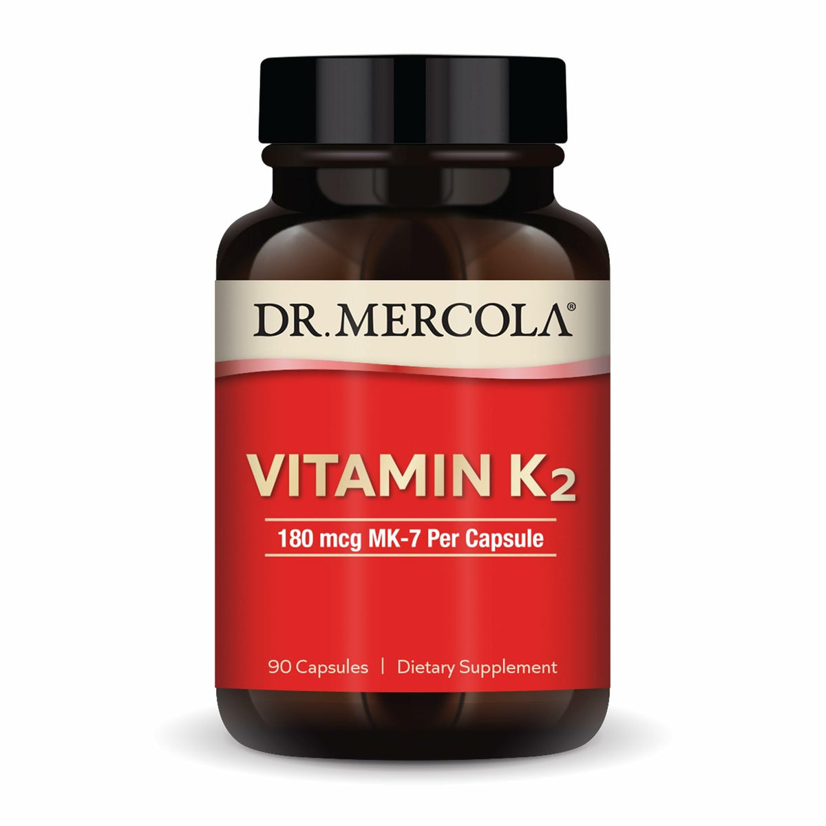 Dr Mercola Vitamin K2 180 mcg, botella de cápsulas, apoya huesos y función arterial.