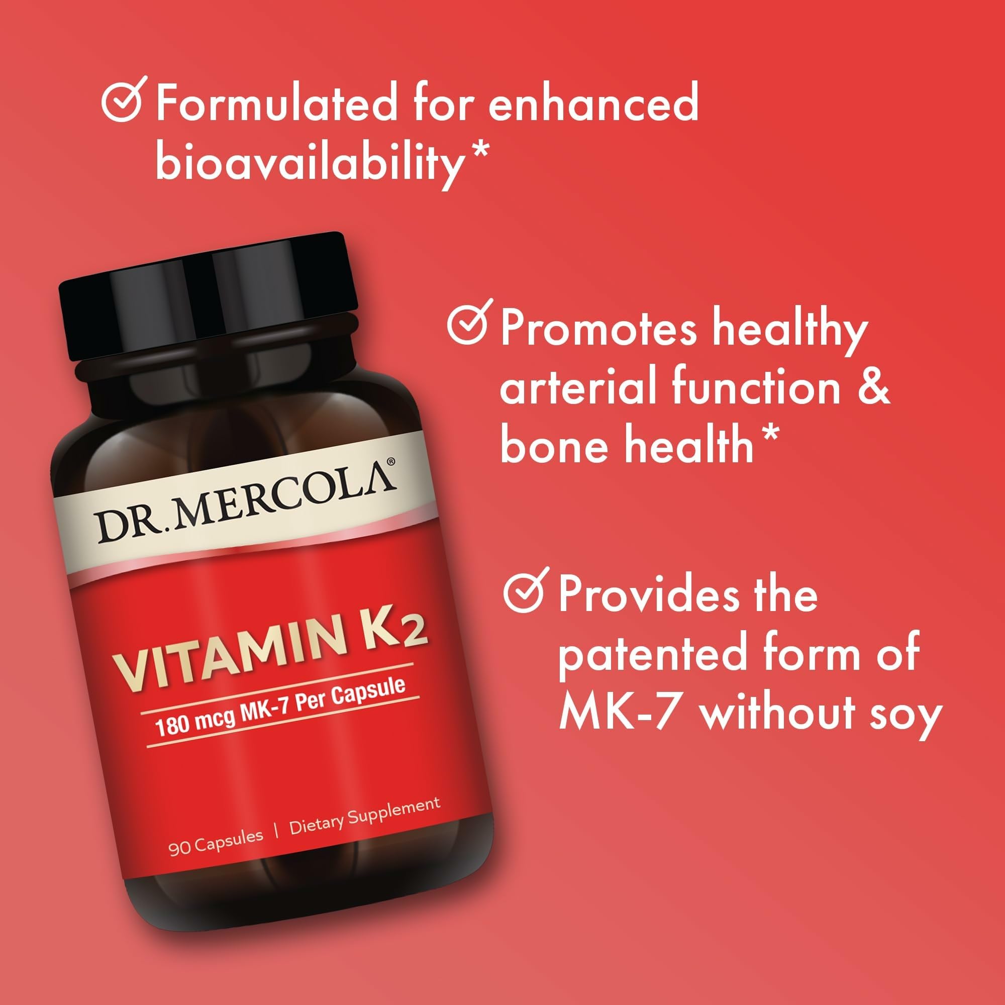 Dr Mercola Vitamin K2, etiqueta libre de soja y origen no transgénico.