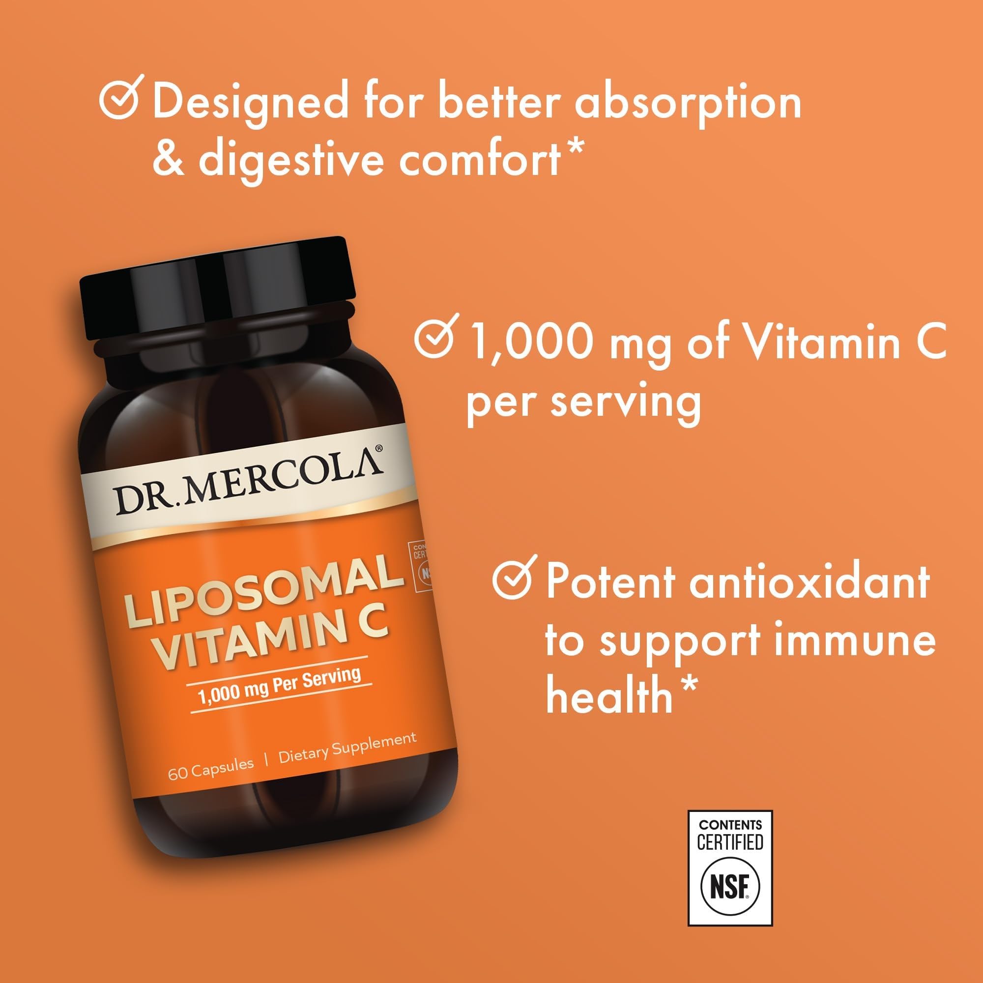 Dr. Mercola Vitamina C liposomada paquete frontal para fácil identificación.