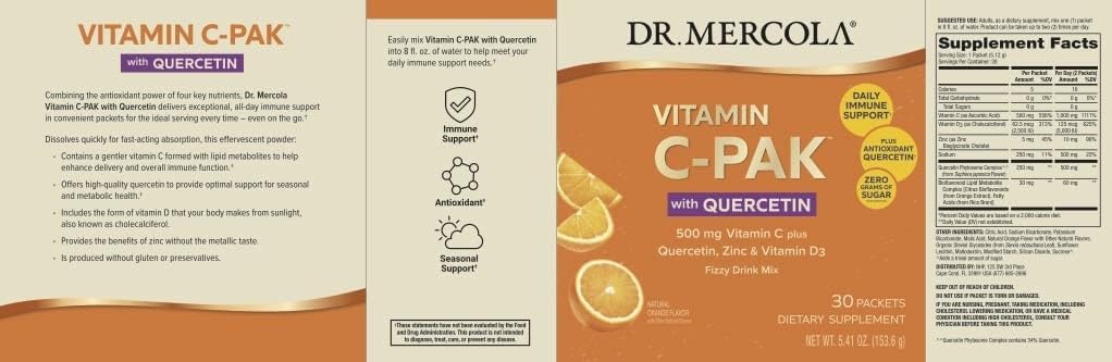 Dr. Mercola Vitamina C-PAK sabor naranja, bebida efervescente para energía suave