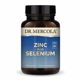 Dr. Mercola Zinc Plus Selenium, botella frontal, posible apoyo a la inmunidad diaria.