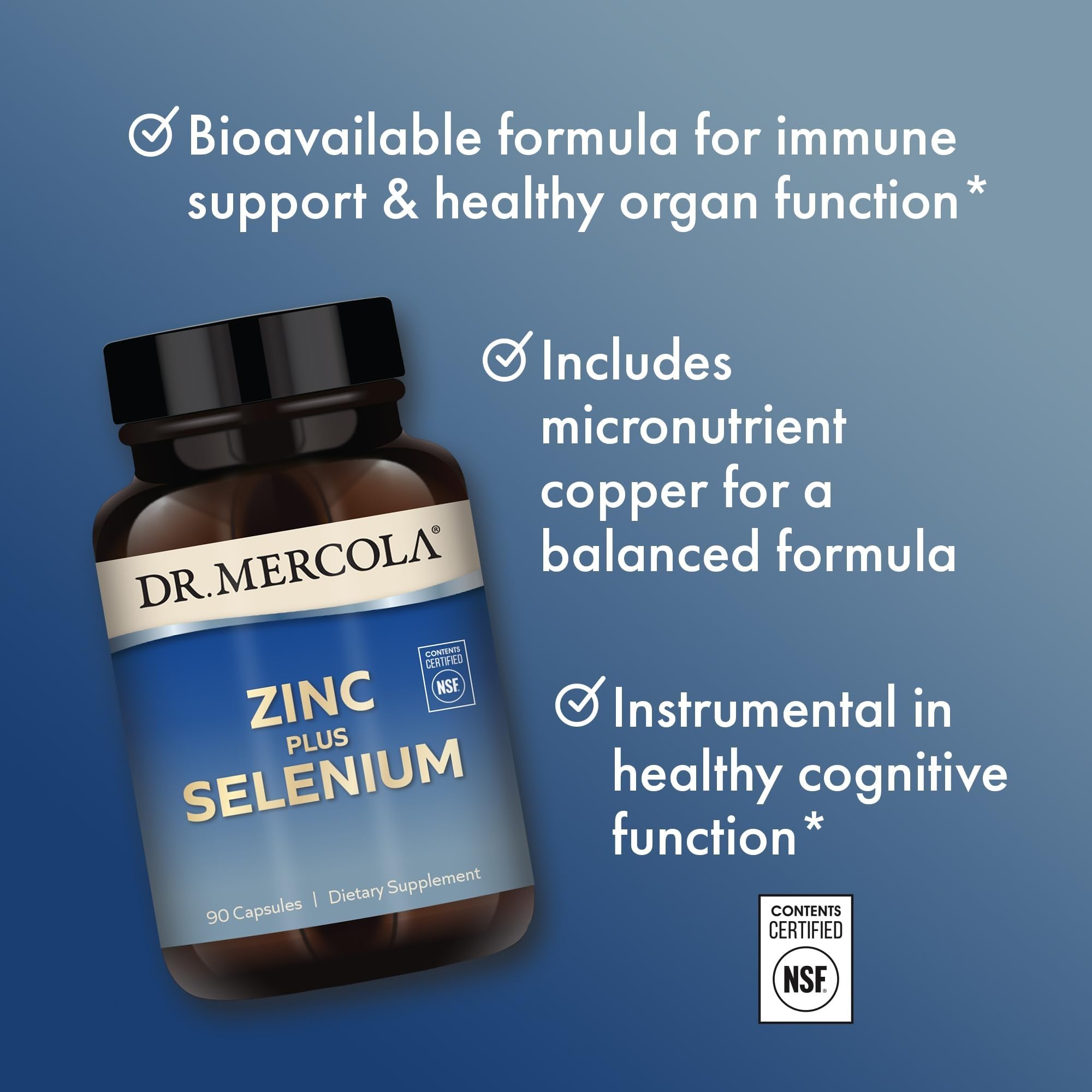 Sin ogm, gluten ni soja en la fórmula de Dr. Mercola Zinc Plus Selenium.