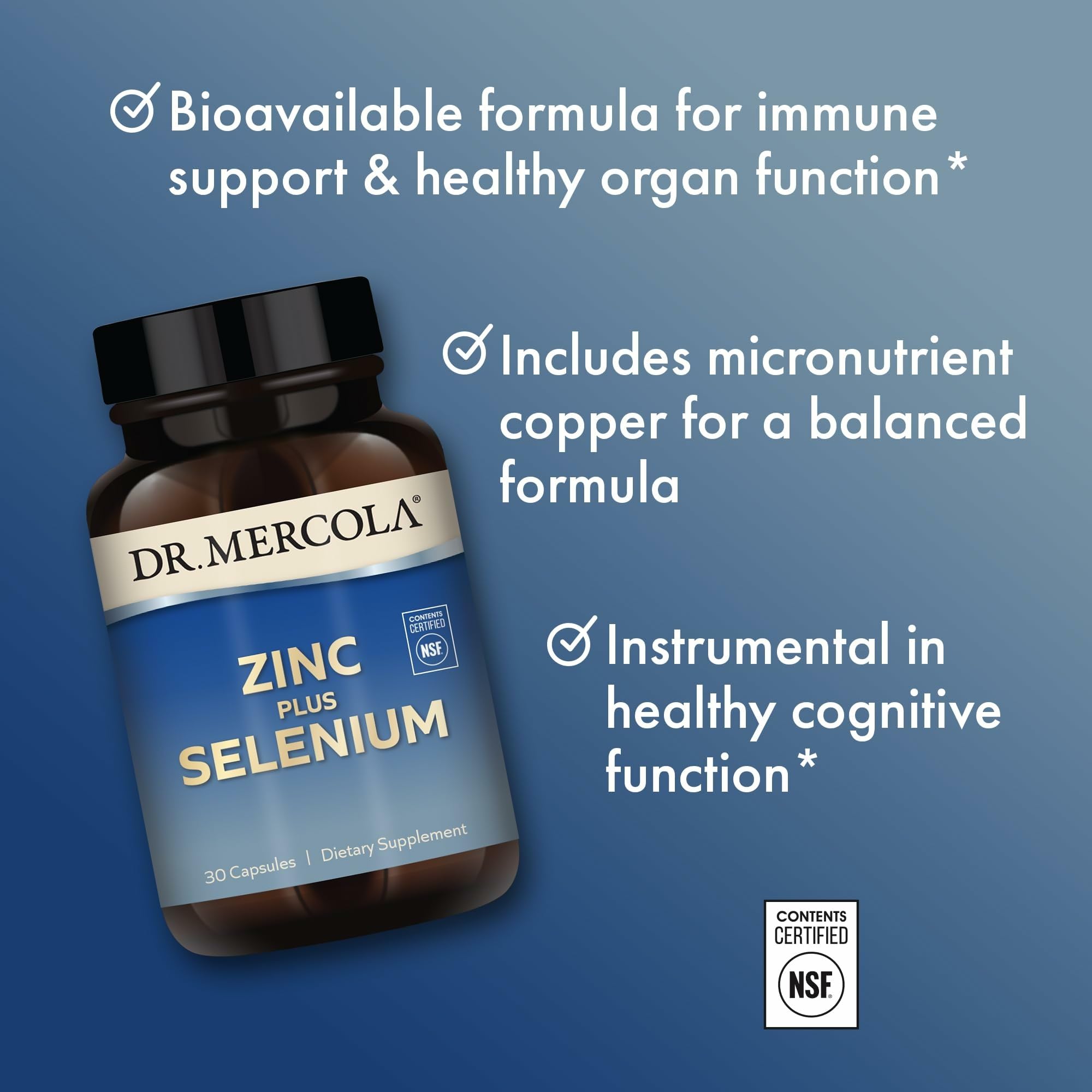Dr. Mercola Zinc Plus Selenium, detalle de zinc glicinato y cobre, combinación mineral.