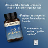 Dr. Mercola Zinc Plus Selenium, detalle de zinc glicinato y cobre, combinación mineral.