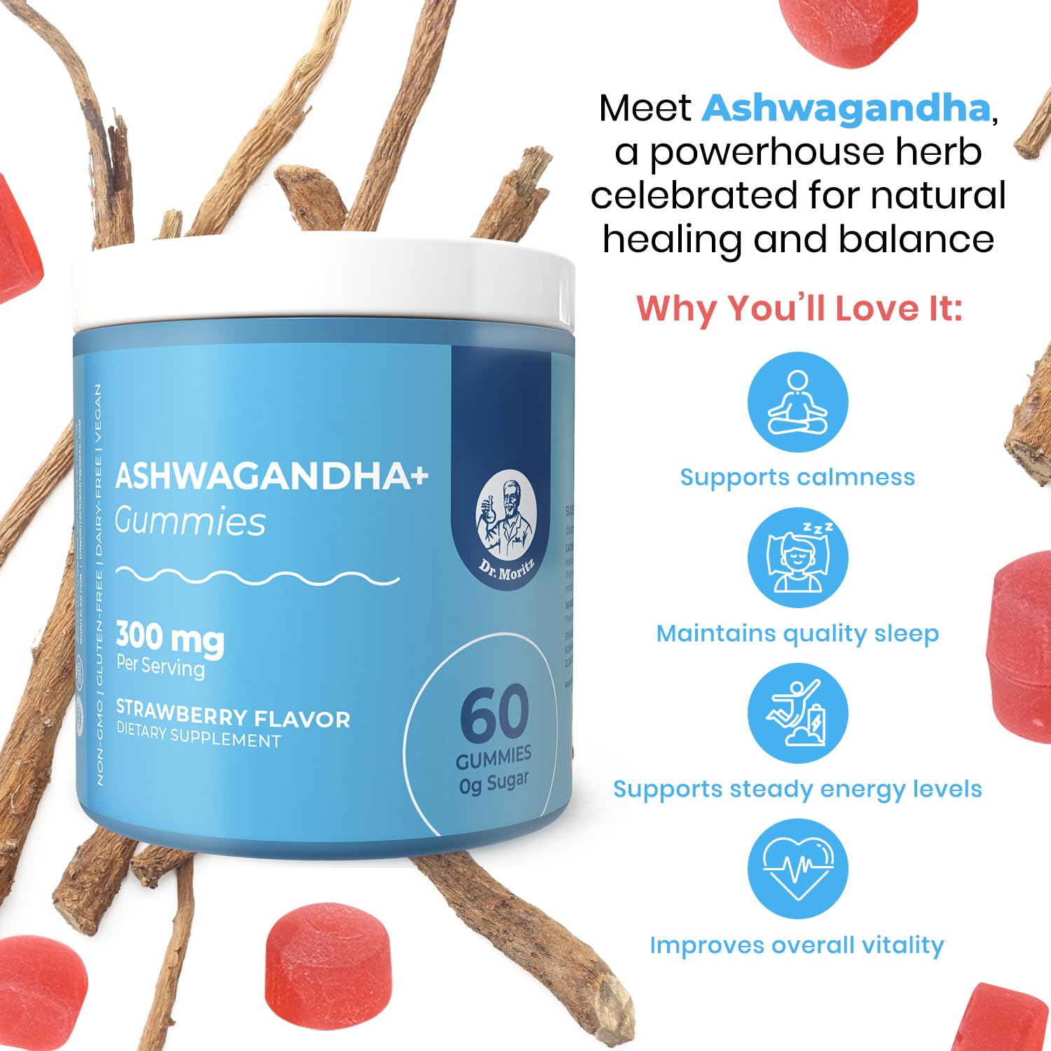 DR. MORITZ Ashwagandha Gummies sabor fresa, experiencia sensorial para calma.