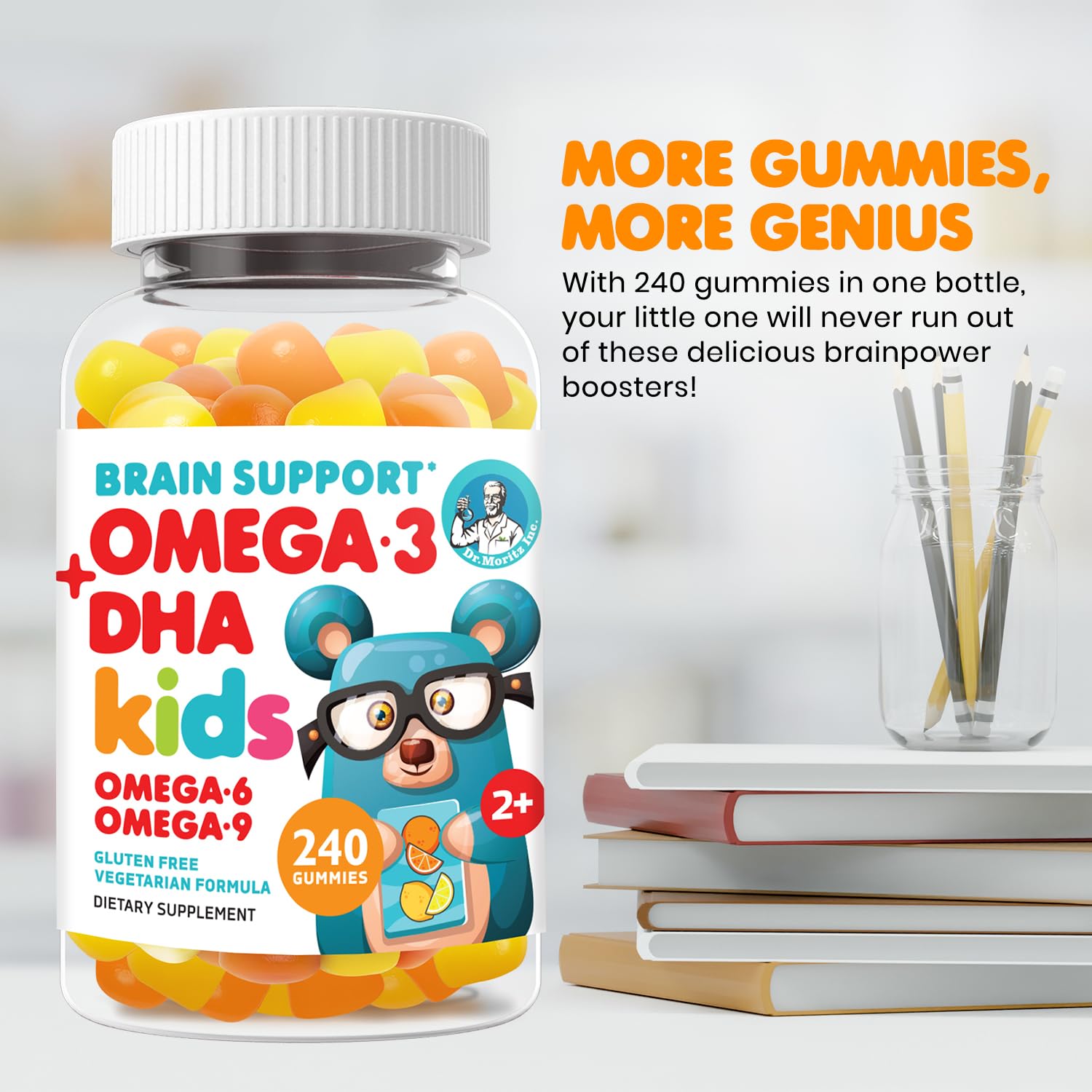 DR. MORITZ Gomitas omega-3 sabor cítrico naranja y limón para niños.