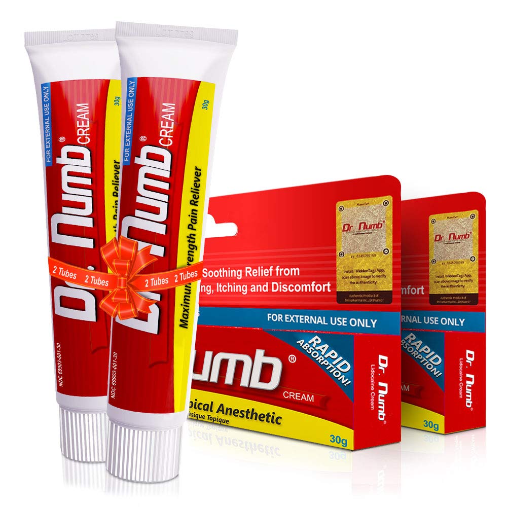 Dr. Numb crema anestésica 5% lidocaína, envase de 30 g para alivio rápido localizado.