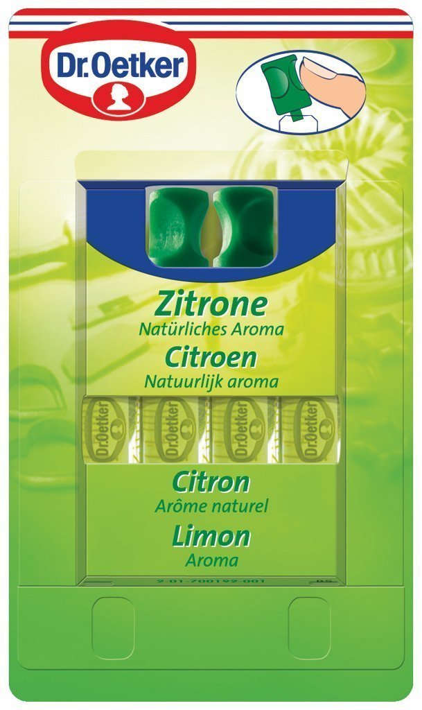 Esencia Dr. Oetker de limón para repostería, aroma intenso y sabor auténtico.