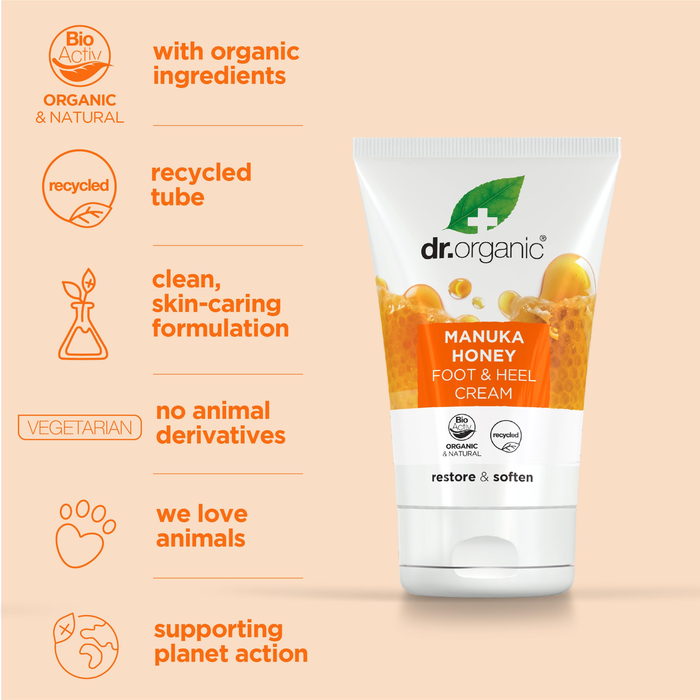 Dr Organic Manuka Honey crema para pies, aplicación rápida en la piel.