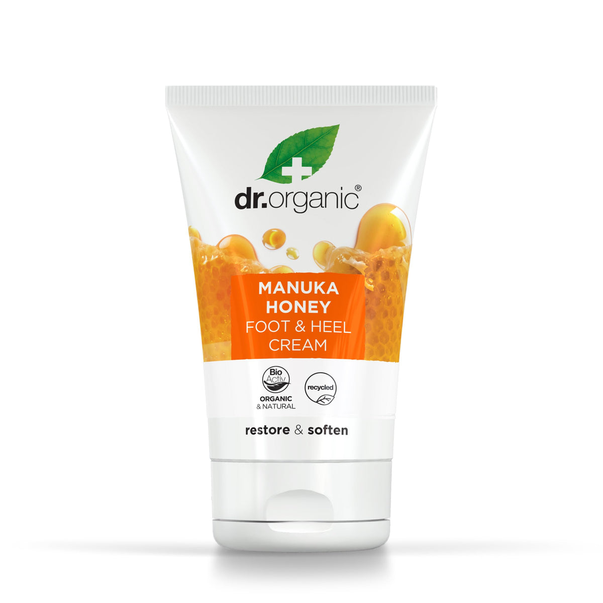 Dr Organic Manuka Honey crema para pies, bote, hidratación suave.