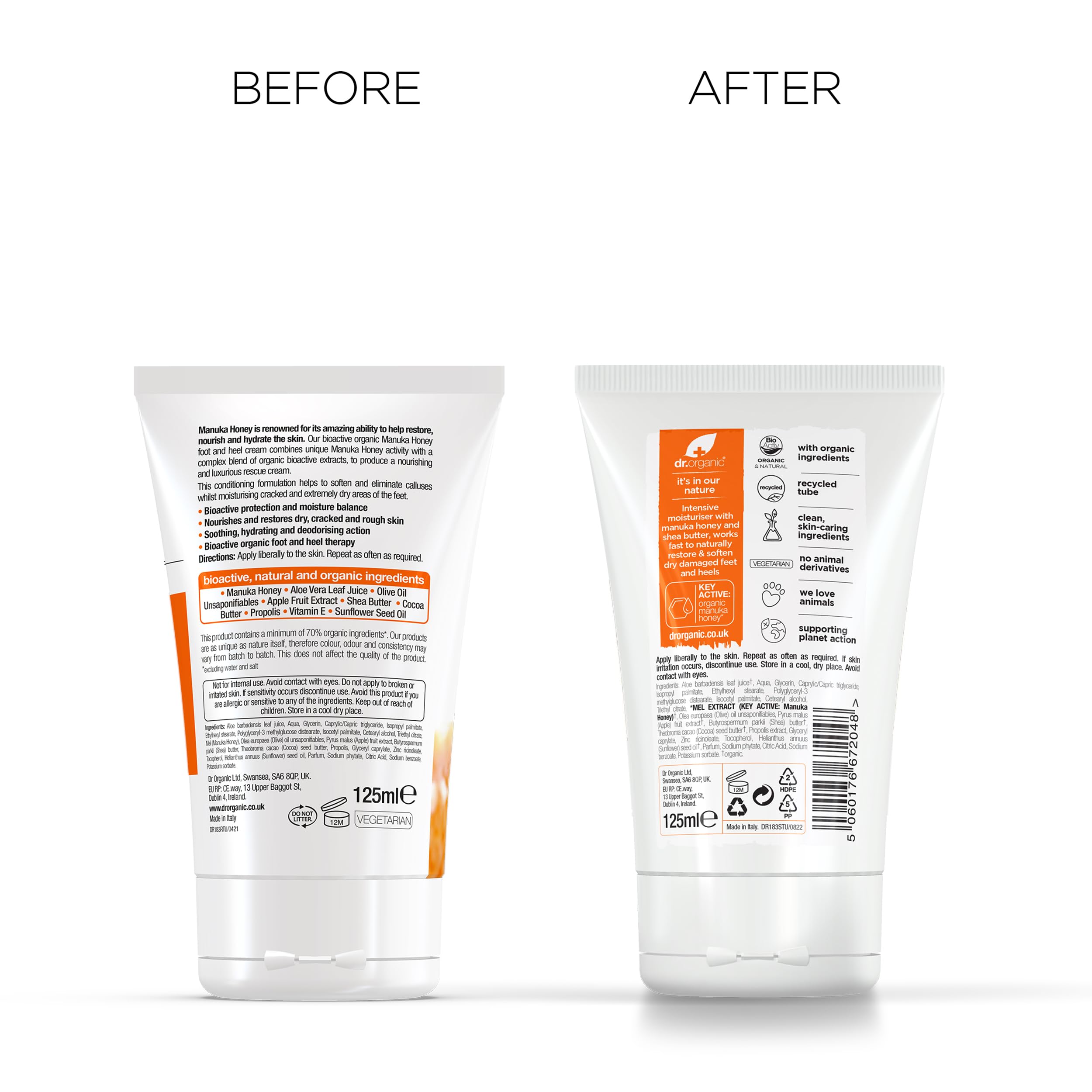 Dr Organic Manuka Honey crema para pies, envase reciclable.