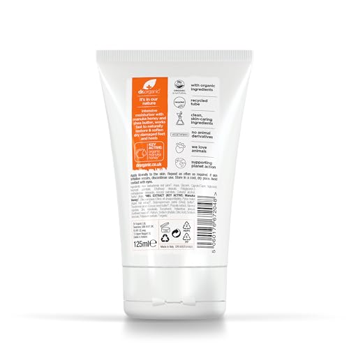 Dr Organic Manuka Honey crema para pies, textura cremosa que suaviza callos.