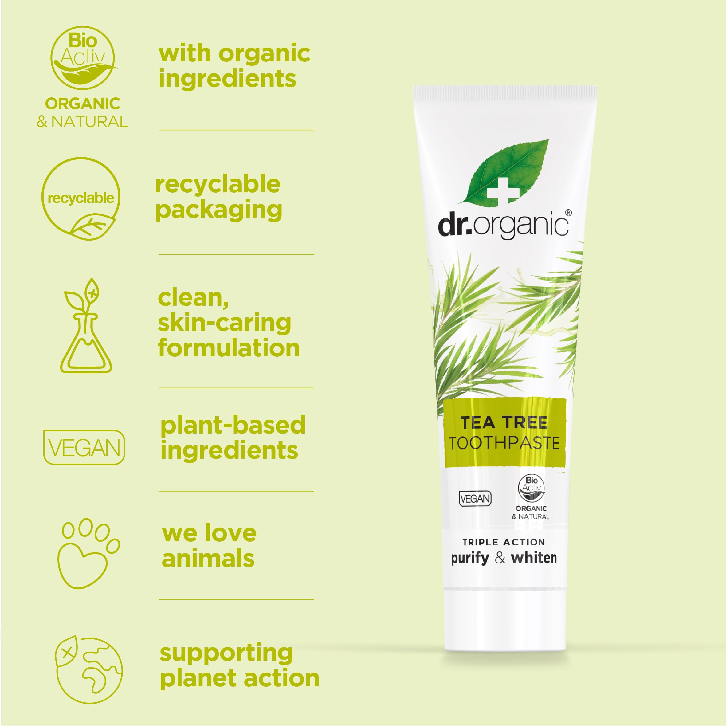 Dr.organic Pasta de Dientes Árbol de Té, sabor limón-menta para una sensación refrescante.