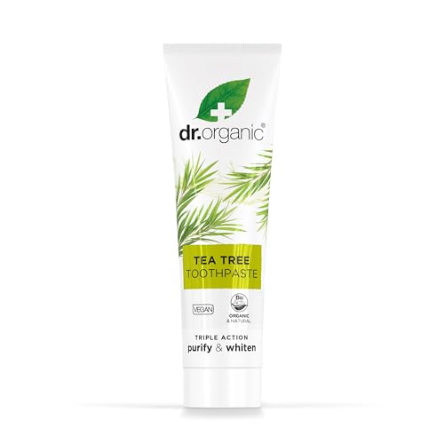 Dr.organic Pasta de Dientes Árbol de Té, primer plano de textura cremosa para uso diario.