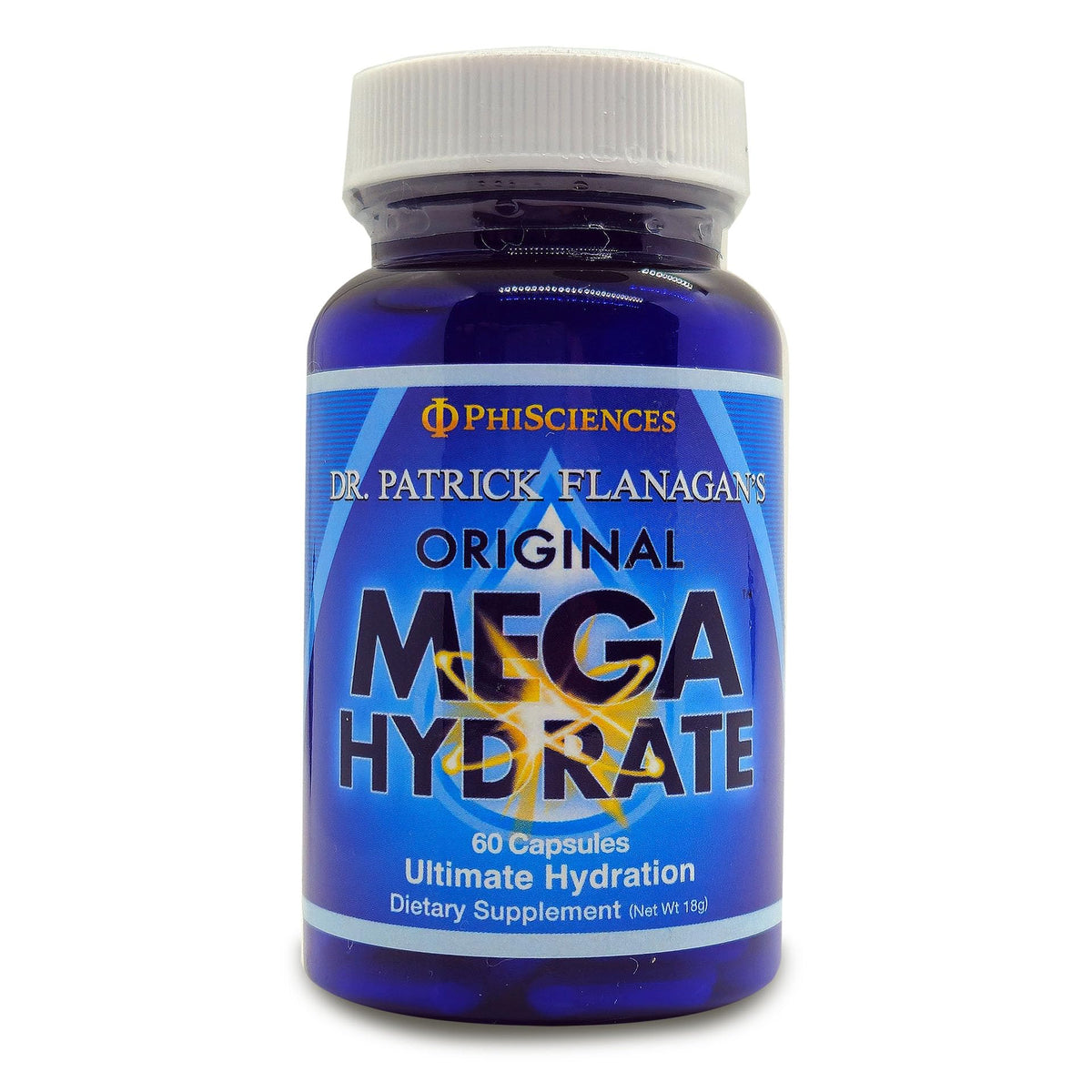 DR. PATRICK FLANAGAN'S MegaHydrate, botella visible, apoyo a la hidratación diaria.