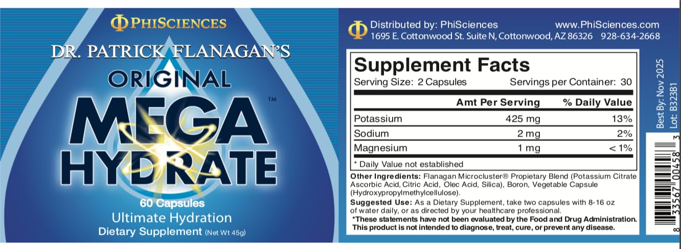 DR. PATRICK FLANAGAN'S MegaHydrate, vertido, sugiere uso diario para hidratación.
