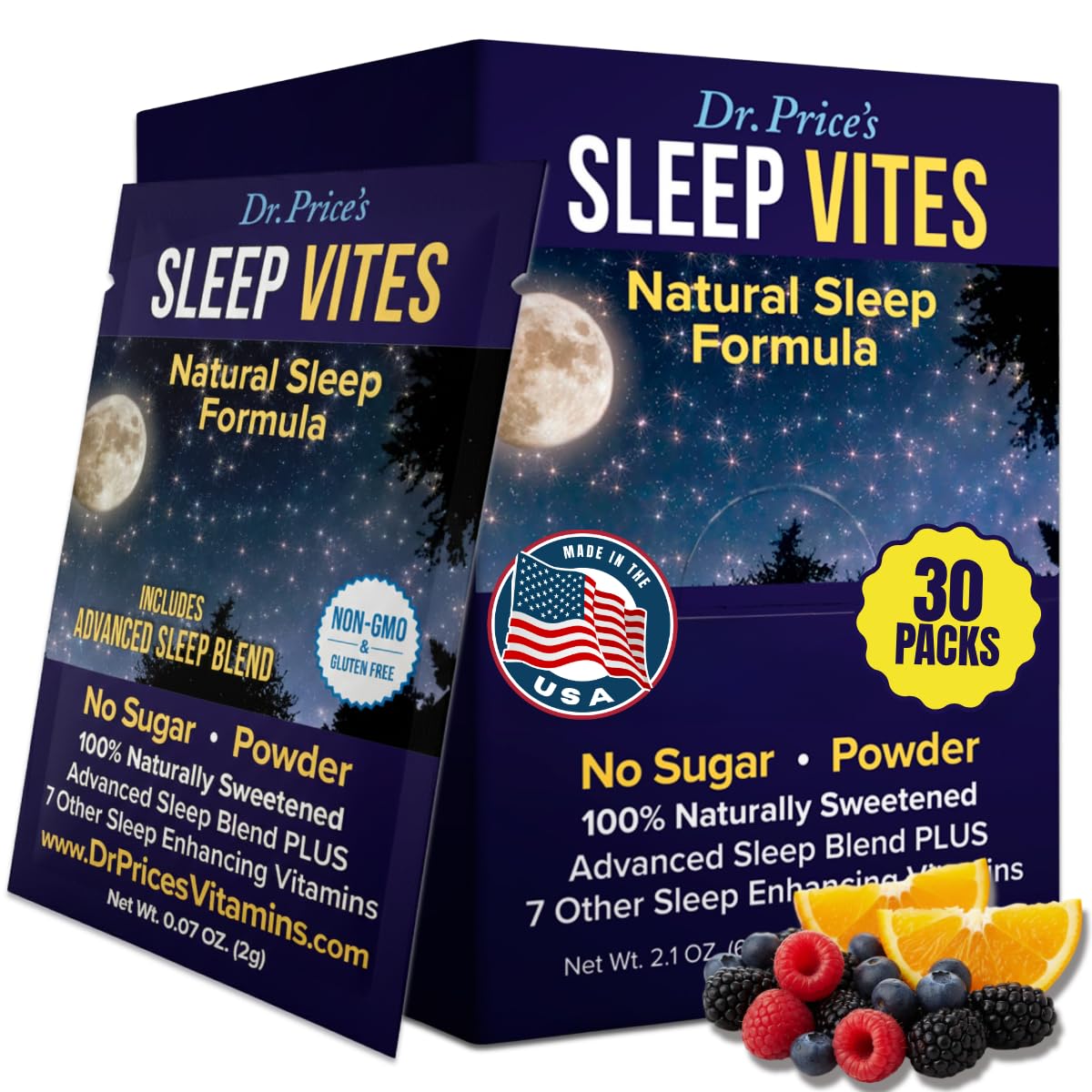 Dr. Price’s Polvo para dormir sabor frambuesa cítrica en empaque práctico para viajar.