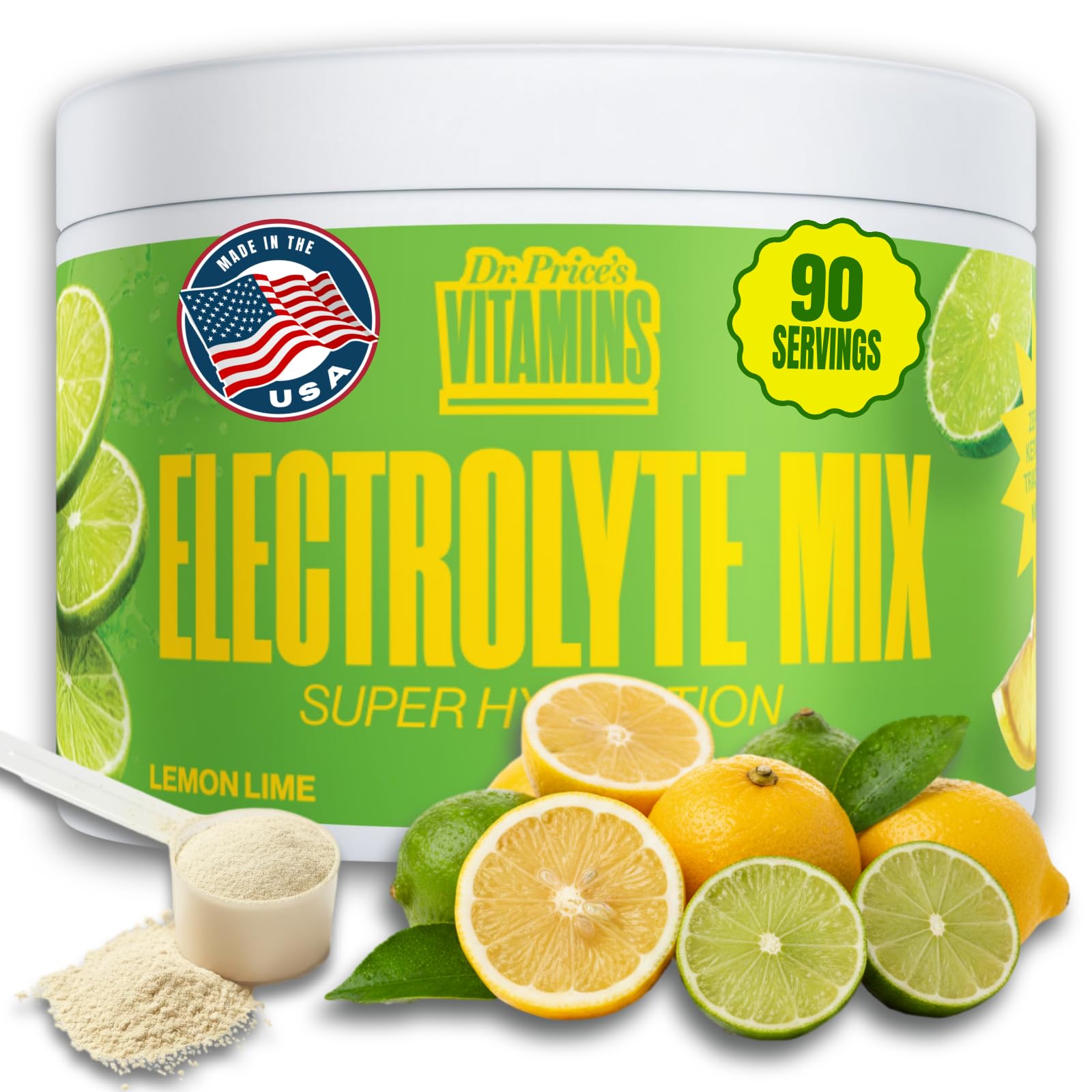 Dr. Price's electrolitos en polvo limón-lima para hidratación diaria y energía suave.