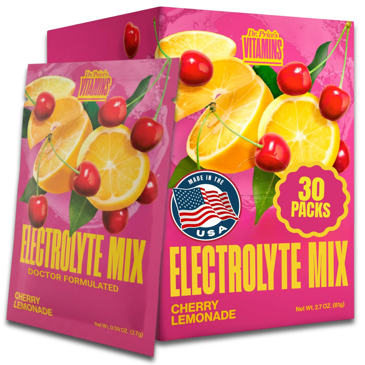 Dr. Price's Vitamins electrolitos: sobre sabor cereza limón, hidratación rápida sin azúcar.