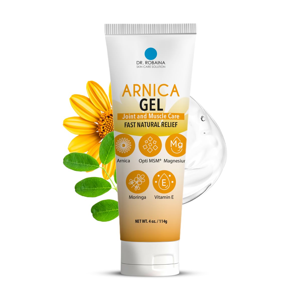 Dr. Robaina Arnica Gel en tubo de 4 oz facilita aplicación suave en contusiones.