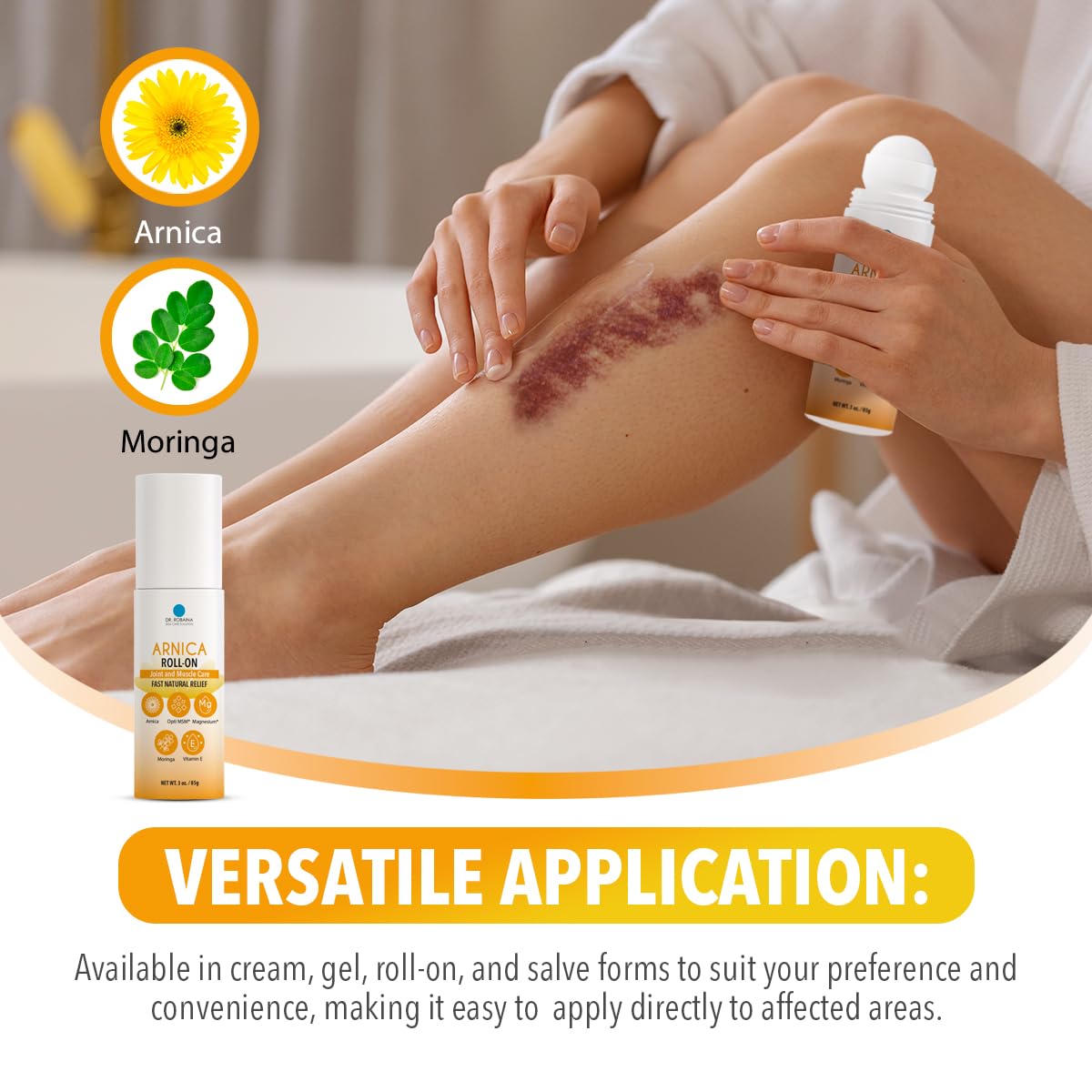 Dr. Robaina Arnica Roll-On envase de 3 oz, cómodo de sostener.