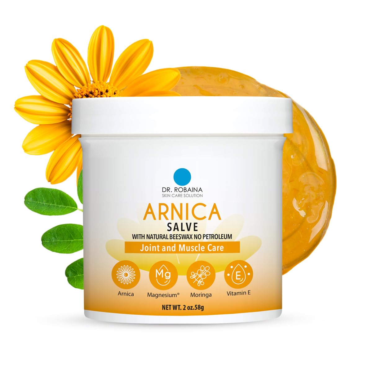 Dr. Robaina Arnica Salve en bote de arnica; alivio suave para golpes.