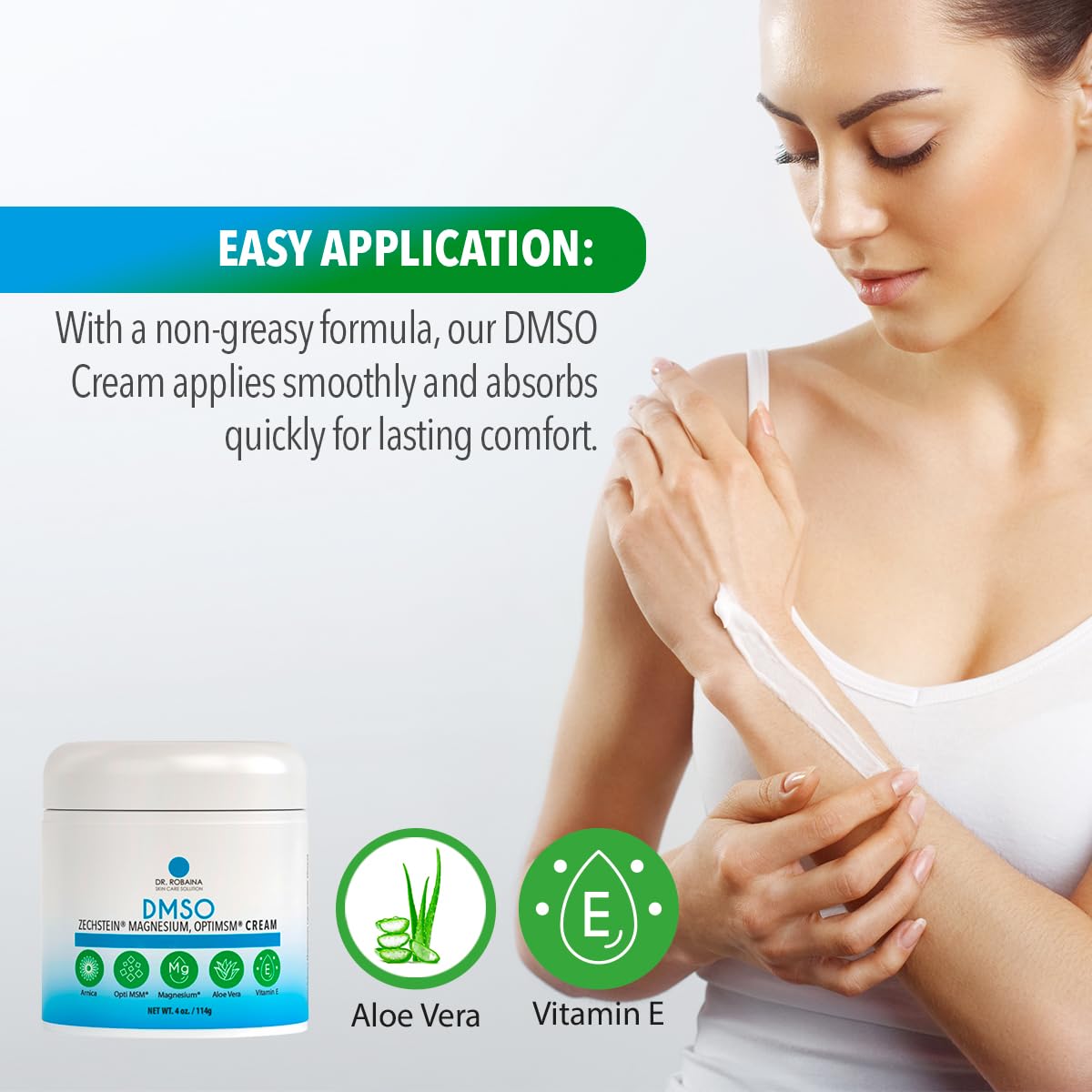 Dr. Robaina DMSO Cream, ingrediente Arnica y Aloe: piel más nutrida y calmada.