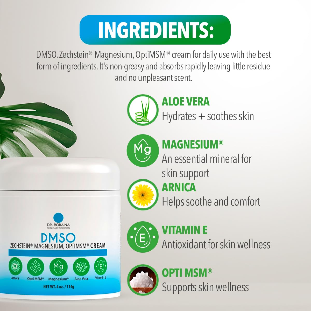 Dr. Robaina DMSO Crema uso diario para cuidado externo sin grasa.