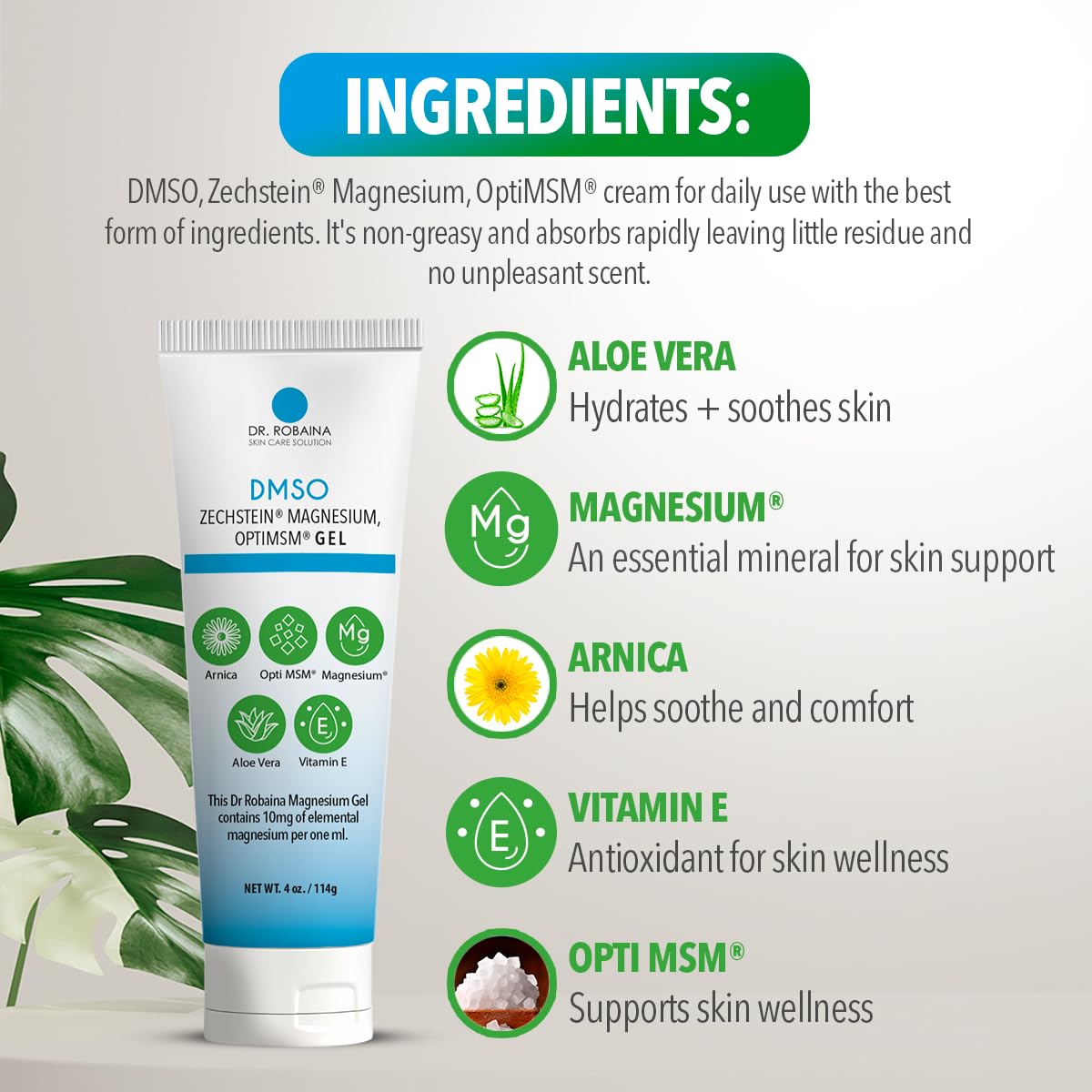 Dr. Robaina DMSO Gel: magnesio Zechstein para apoyar la sensación de bienestar.