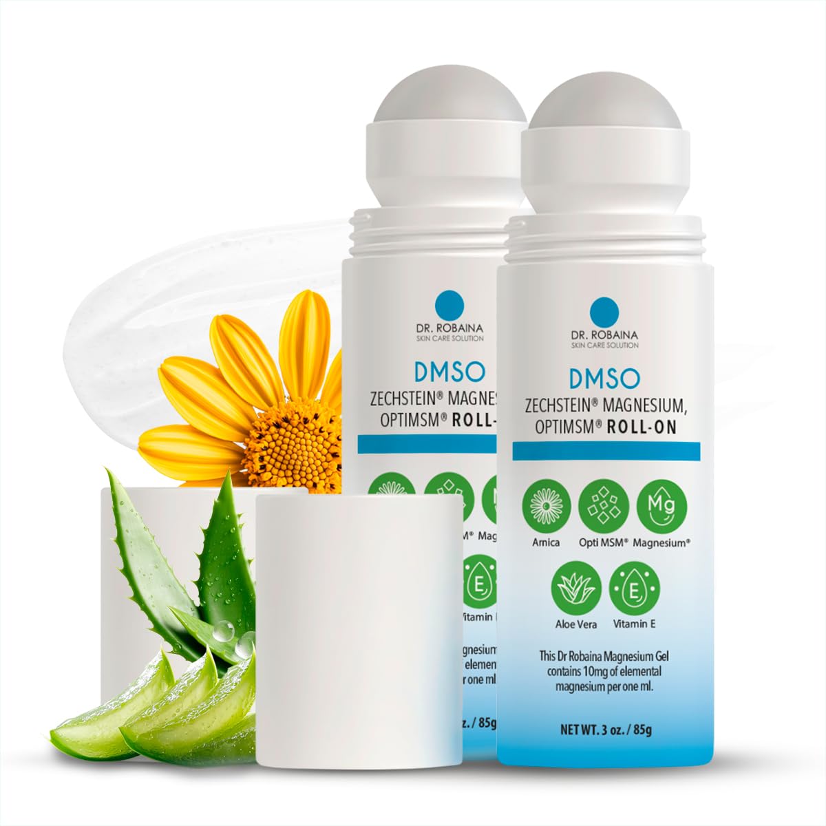Dr. Robaina DMSO Roll-On con aplicador rodillo para aplicación precisa y limpia.