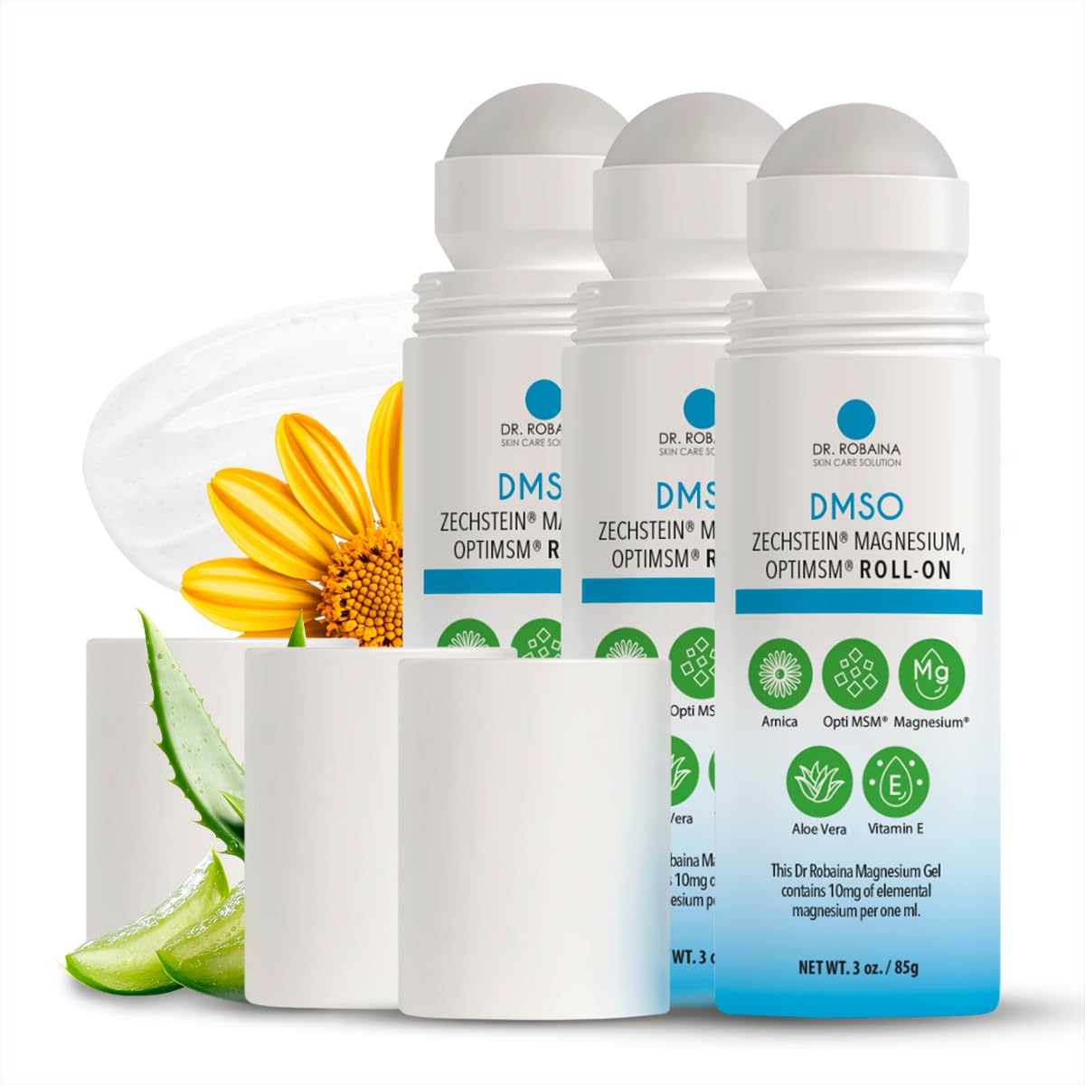 Dr. Robaina DMSO Roll-On: botella compacta para uso rápido tras el entrenamiento.