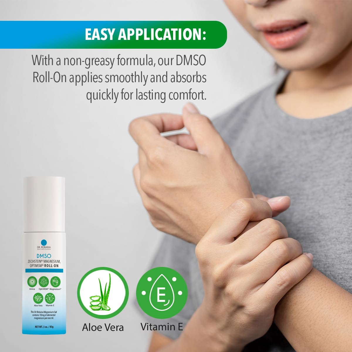 Dr. Robaina DMSO Roll-On: fórmula sin olor fuerte, piel limpia tras la aplicación.